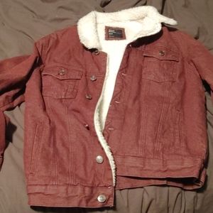 Burgundy Sherpa lined denim jacket mens size small
